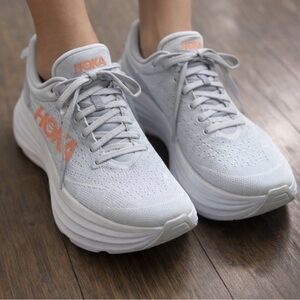 Hoka One One Women's Light Gray and Orange Athletic Shoes Sneakers 9D Wide